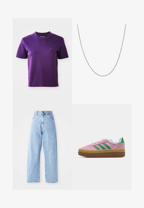 T-shirt de algodão roxa com gola redonda e mangas curtas; apresenta um pequeno logótipo bordado no peito. Textura suave, sem padrões.; Jeans de ganga azul claro de cintura alta, com pernas largas e retas, fecho frontal por botão e zip e bolsos à frente e atrás.; Ténis de camurça rosa com riscas verdes, detalhes brancos e sola de borracha castanha. Apresenta tecido texturizado e detalhes de logótipo na lateral.; Colar de corrente de prata com um design de elos planos, redondos e suaves. Apresenta um acabamento brilhante e mede aproximadamente 20 polegadas de comprimento.