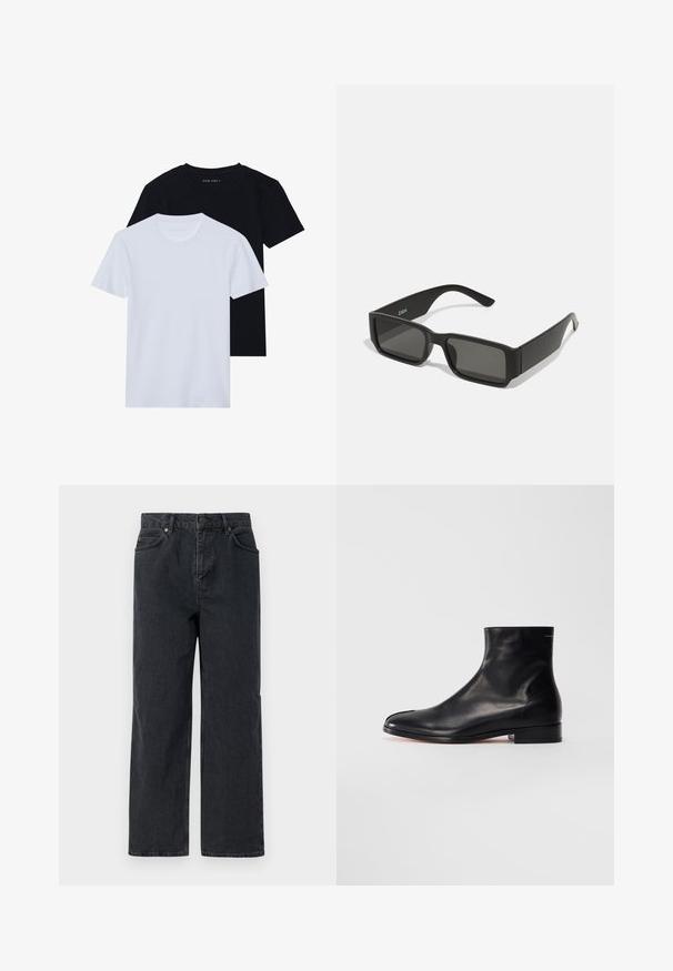 Dos camisetas de cuello redondo de manga corta, una negra y otra blanca, hechas de material de algodón suave con una textura acanalada. Diseño de ajuste clásico.; Pantalones de mezclilla azul oscuro con pierna ancha, diseño de cinco bolsillos y cierre de botón. Incluye herrajes en tono cobre y una textura sutil.; Botín de piel negra lisa con tacón bajo y punta redonda, mostrado de lado sobre un fondo blanco.; Gafas de sol negras con lentes rectangulares, armazón de plástico mate y bordes rectos. Presentan el logo de la marca en el interior de la patilla.