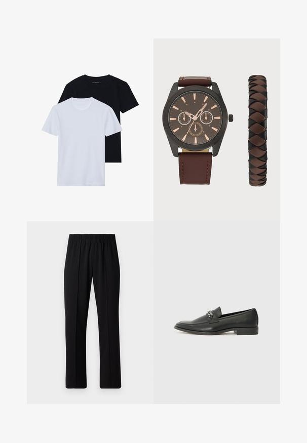 Two short-sleeve crew neck t-shirts, one black and one white, made of soft cotton material with a ribbed texture. Classic fit design.; Black, elastic-waist trousers with a straight-leg design, featuring a smooth texture and no visible patterns or hardware.; Black leather loafer with a smooth finish, featuring a stitched design and a decorative metal chain accent across the vamp. Flat heel.; Pier One SET - Watch - black/brown