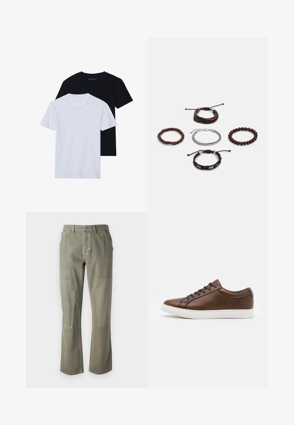 Kaks lühikeste varrukatega ümarahatuga t-särki, üks must ja üks valge, valmistatud pehmest puuvillase materjalist, millel on soonikkoe struktuur. Klassikaline lõige.; Olivroheline puuvillane pükste sirge säärega disain, millel on ribilised aktsendid ja kontrastne õmblus patšopocketidel.; Pruunid nahast tenniseketid ümarate varvastega, valge kummist tallaga ja viie nööbiga. Taga on peent brändi ilmestus.; Viie käevõru komplekt, mis sisaldab pruuni nahka, puidust helmeid ja hõbedast ketti; erinevad tekstuurid ja kujundid, reguleeritavad sulgurid.