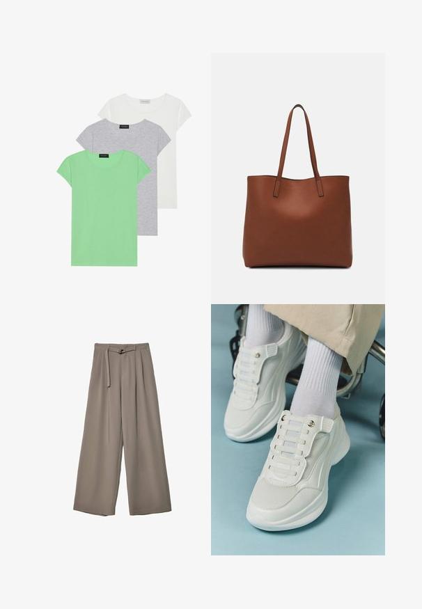 Tri kratka rukava T-majice: jedna zelena, jedna siva i jedna bijela. Pamuk s okruglim izrezom i suptilnom teksturom.; Široke hlače u mekoj, prigušenoj sivoj tkanini, s remenom na struku i plisiranim detaljima za dodatni dizajn. Glatka tekstura, bez uzoraka.; Bijele tenisice s mrežastim materijalom, gumeni potplat, dizajn bez vezica s elastičnim trakama i zlatnim detaljima.; Smeđa kožna torba preko ramena s glatkom teksturom, otvorenim vrhom i dvjema naramenicama. Ima minimalne šavove i nema vidljivog hardvera.