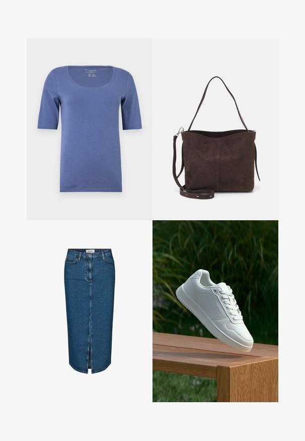 Kék, rövid ujjú póló, kerek nyakkivágással. Puha, sima anyagból készült. Egyszerű dizájnja van, minta vagy díszítés nélkül.; Sötétkék farmer ceruzaszoknya, elülső hasítékkal, öt zsebbel és kontrasztos varrással. Közepes derékmagasság, klasszikus dizájn.; Fehér sportcipő sima szintetikus felsőrésszel, perforált lábujjrész, lapos fűzőkkel és texturált talppal, fából készült felületen kihelyezve.; Barna velúrbőr táska puha tapintással, egyetlen vállpánttal és finoman ívelt felső nyitással. Nincs látható fémrész.