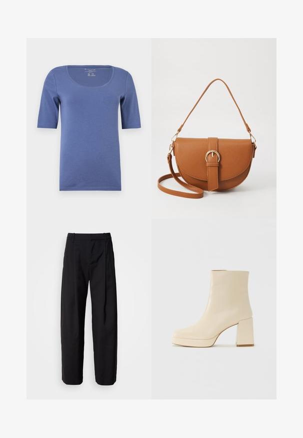 Kék, rövid ujjú póló, kerek nyakkivágással. Puha, sima anyagból készült. Egyszerű dizájnja van, minta vagy díszítés nélkül.; Fekete nadrág laza szabással, pliszírozott elejével és övbújtatóival. Sima anyagú, egyenes szárú, oldalsó zsebekkel.; Beige bőr bokacsizma bársonyos felülettel, tömbsarokkal és platform talppal, enyhén szögletes orral, balra nézve, fehér háttér előtt.; Barna bőr keresztbody táska ívelt formával, aranyszínű fémrészekkel és csat díszítéssel. Levehető vállpánttal rendelkezik.