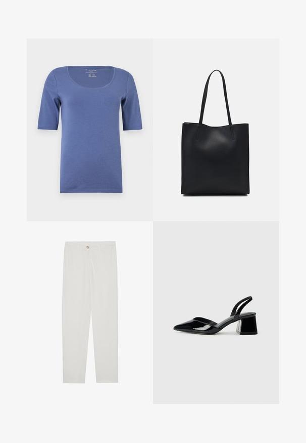 Mėlyna trumpomis rankovėmis marškinėliai su apvaliu iškirpimu. Pagaminti iš minkštos, lygios medžiagos. Turi paprastą dizainą be raštų ar akcentų.; Baltos, pritaikytos kelnės su tiesaus kirpimo dizainu, su sagčių uždarymu, dirželių kilpomis ir šoninėmis kišenėmis; lygus audinio tekstūros.; Juodos lakuotos odinės šlepetės su smailiu pirštu ir geometriniu bloko kulnu. Turi elegantišką, minimalistinį dizainą ir lygų paviršių.; Juodas odinis tote krepšys su lygia tekstūra, stačiakampio formos ir dviem ilgais rankenomis. Matomų metalinių detalių ar puošybos nėra.