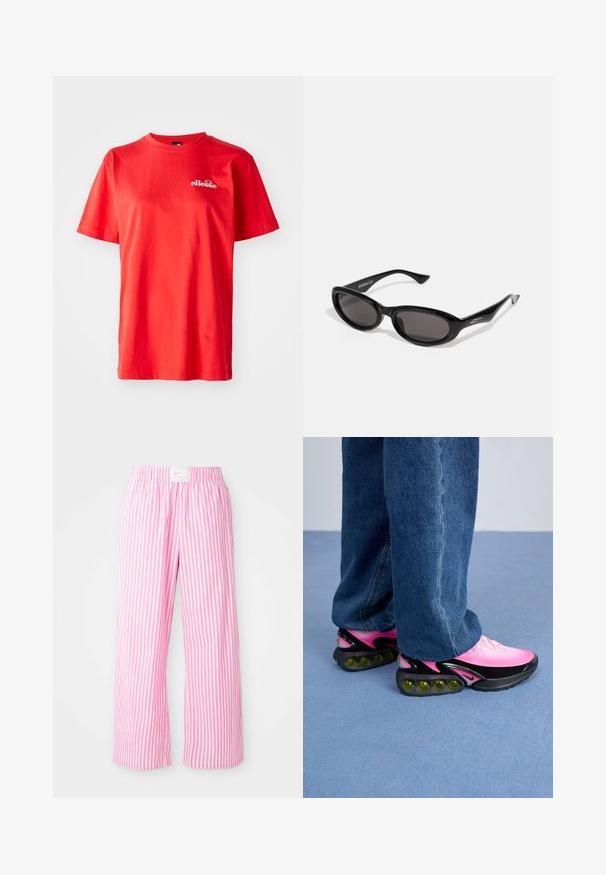 Punane puuvillane T-särk lühikeste varrukatega, ümmargune kaelus ja väikese valge logoga rinnal. Sile tekstuur ja klassikaline lõige.; Roosa ja valge triibuline pükskostüüm elastse vöökohtaga. Valmistatud kergest materjalist, omab lõdva, laia jala disaini.; Sportlikud kingad, millel on roosaka ülemise osa gradatsioon, mustad aktsendid ja klompne tall, millel on nähtavad rohelised pehmendustooted. Kandmiseks sinised teksapüksid.; Mustad mustad päikeseprillid tumedate läätsedega. Raam on sile, kergelt läikiv plast, millel on nurga all otstega ja peen bränding templites.