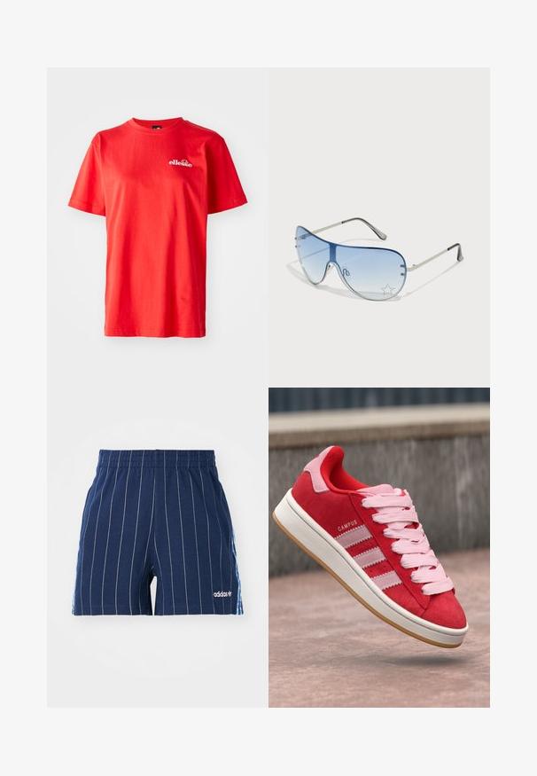 Röd bomullströja med korta ärmar, rund hals och en liten vit logotyp på bröstet. Slät textur med en klassisk passform.; Mörkblå shorts med vita ränder, elastisk midja och Adidas-logo. Har blåa detaljer på sidorna, tillverkade av bomullsblandat material.; Röd mockaskor med rosa detaljer, med tre vita ränder och ljusrosa snören. Vit mellansula och gummisula.; Pilotglasögon med gradientblå linser, silverfärgad metallram och dekorativa stjärnaccenter på linserna. Snygg och elegant design.