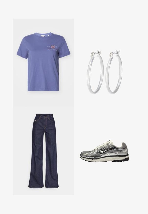 Paarse katoenen t-shirt met korte mouwen, ronde halslijn en een print aan de voorkant met "GANT" en "AMERICAN SPORTSWEAR" in rood en wit.; Donkerblauwe wijde jeans van denimstof met een hoge taille, voorzien van oranje stiksels, een vijf-pocket ontwerp en een knoopsluiting.; Zilveren en zwarte sportschoen met een bovenwerk van mesh en synthetisch materiaal, een volumineus ontwerp en een gestructureerde afwerking. Voorzien van een gevoerde kraag en een rubberen zool.; Zilveren oorbellen in de vorm van een gladde, gepolijste ring. Ronde vorm met een veilige kliksluiting. Lichtgewicht ontwerp, geschikt voor dagelijks gebruik.