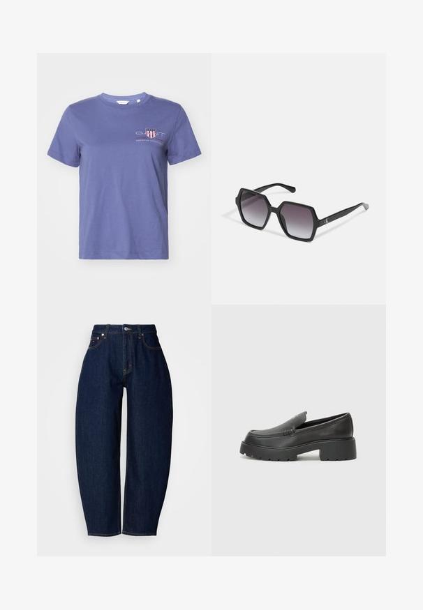 Lila Baumwoll-T-Shirt mit kurzen Ärmeln, Rundhalsausschnitt und einem Frontdruck, der "GANT" und "AMERICAN SPORTSWEAR" in Rot und Weiß zeigt.; Dunkelblaue Jeans aus Denim mit lässiger Passform, geraden Beinen, Fünf-Taschen-Design und kontrastierenden gelben Nähten. Metallknopfverschluss an der Taille.; Schwarze Lederloafer mit einer abgerundeten Spitze, dicker strukturierten Laufsohle und minimalen Nähten. Schlankes Design ohne sichtbare Schnürsenkel oder Beschläge.; Schwarze hexagonale Sonnenbrille mit Verlaufsgläsern, glänzender Oberfläche und dezentem Branding am Bügel. Aus langlebigem Kunststoff gefertigt.