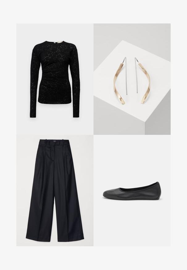 Black long-sleeve top with a textured floral lace design, featuring a round neckline and subtle pleating at the waist.; Black wide-leg trousers made of smooth fabric, featuring a high waist, pleats, and a tailored design. Simple black hardware at the waist.; Black leather ballet flat with a rounded toe, smooth texture, minimal stitching detail, and a flexible sole design.; Gold and silver drop earrings with a curved, elongated shape. Glossy finish with a smooth texture and minimalist design.