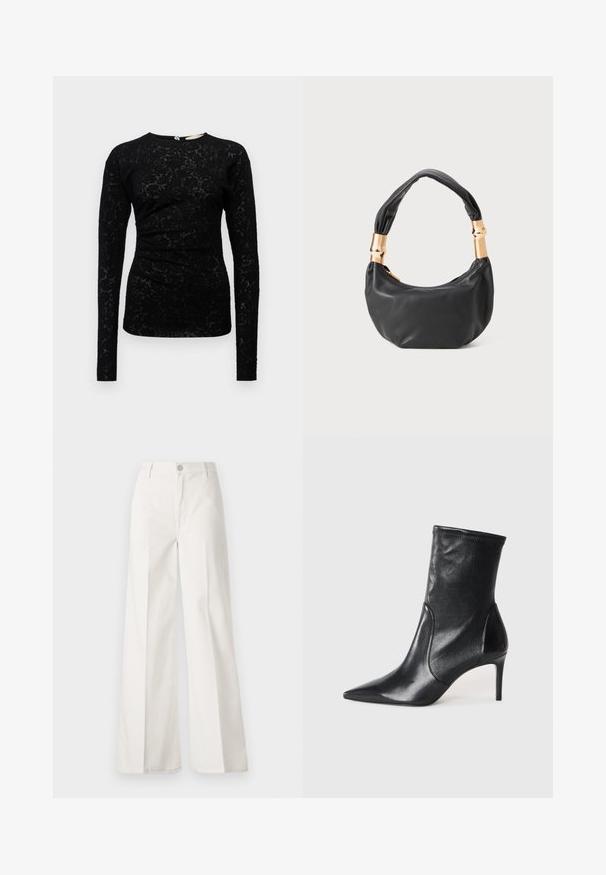 Melnā gar rękavu blūze ar teksturētu ziedu mežģīņu dizainu, ar apaļu kakla izgriezumu un maziem krokām jostasvietā.; Baltas platfita bikses, izgatavotas no kokvilnas ar gludu tekstūru. Aprīkotas ar priekšējo pogu, rāvējslēdzēju un četru kabatu dizainu.; Melnas potītes zābakus, kas izgatavoti no gludas ādas, ar norādītu purngaliņu, pieguļošu kāju un šauru augstu papēdi. Minimalistisks dizains bez redzamiem aksesuāriem.; Melnas ādas rokassoma ar apaļu formu, mīkstu tekstūru un mezgla rokturi, kas rotāts ar zelta tonētiem aksesuāriem. Ar rāvējslēdzēja aizdari.