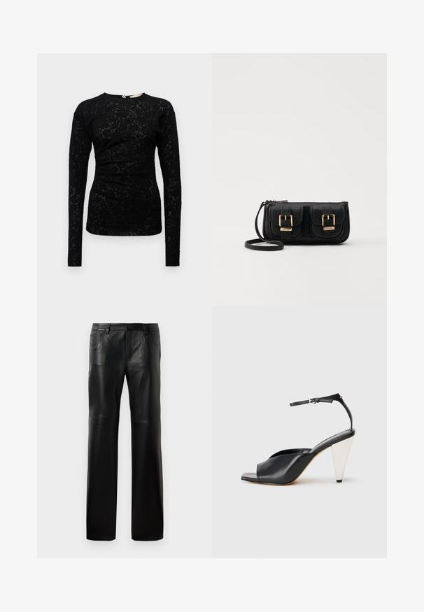Juoda ilgomis rankovėmis palaidinė su tekstūrine gėlių nėrinių dekoracija, su apvalia iškirpte ir subtiliomis raukšlėmis juosmens srityje.; Juodos odinės kelnės su tiesiu kirpimu, su mygtukų juosmeniu, penkiomis kišenėmis ir matomomis siuvimo linijomis. ; Juodos odinės aukštakulnės šlepetės su atvira nosimi, asimetrišku dizainu, kulkšnies dirželiu ir metaliniu kūgio formos kulnu. Visas paviršius lygus.; Juodas odinis per petį nešiojamas krepšys su dviem priekiniais kišenėmis, auksiniais sagtimis, užtrauktuko uždarymu ir siauromis petnešomis. Textūruota paviršius ir kompaktiškas stačiakampis formatas.