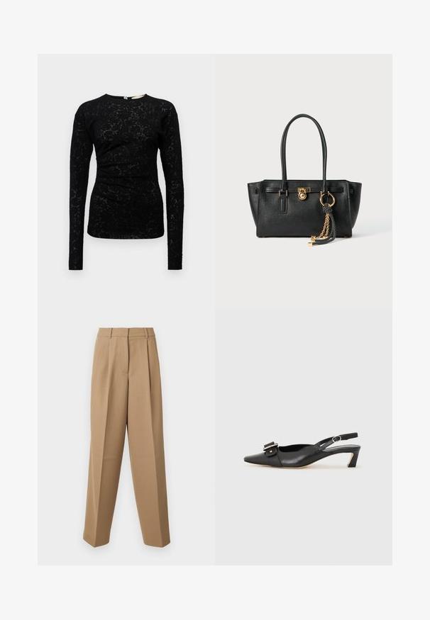 Must mustriga mustega, millel on tekstuurse lillekonstruktsiooni disain, ümmargune kaelus ja peened volangid vööl.; Beige ülihästi istuvad püksid kõrge vöökohtaga, kortsunud esiosas ja laia säärega lõikega. Kanga pind näeb välja sile ja kerge läikega.; Must must nahk slingback kingad terava varbaga, väikese kontsaga ja dekoratiivse pandlaga ülaosas. Sile tekstuur, minimalistlik disain.; Must musta kott, millel on kahekordsed käepidemed, kuldne lukustus ja kett, ning must-valge tutikate aksessuaar valge tausta ees.