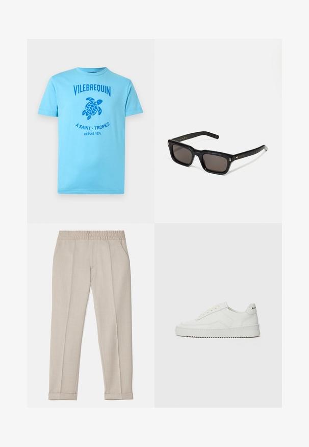 Gaiši zils T-krekls no kokvilnas ar apaļu kakla izgriezumu. Tam ir zila bruņurupuča grafika un teksts "Vilebrequin" pāri krūtīm. Vienkāršs, ikdienišķs dizains.; Filippa K TERRY CROPPED TROUSERS - Auduma bikses - sage melange; Baltas ādas sneakers ar gludu virsmu, apaļu pirkstu daļu, plakaniem šņorēm un teksturētu zoli. Satur diskrētu logotipu uz papēža.; Melnas taisnstūra formas saulesbrilles ar tumšiem stikliem, bieza plastmasas rāmja, zelta akcenti pie tempļiem un zīmola logo iegravēts roku daļā.