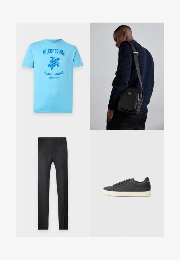 Light blue t-shirt in cotton with a crew neck. Features a blue turtle graphic and "Vilebrequin" text across the chest. Simple, casual design.; Emporio Armani TROUSER - Trousers - nero; Black leather sneaker with a low profile, rounded toe, and lace-up closure; features a textured rubber sole and logo detail on the heel.; Black leather crossbody bag with a zippered compartment, logo detail, and a branded adjustable strap. Worn against a textured navy sweater.