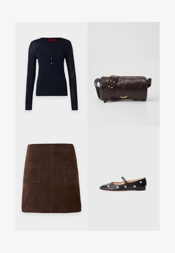 Långärmad, marinblå topp i lättviktig tyg med V-ringning och design med femknapps-öppning. Slät textur utan mönster.; Brun mockakjol med en klassisk A-linjeform, två framfickor med rundade klaffar och subtila sömdetaljer.; Svart läder Mary Jane lägenhetssko med rund tå, prydd med silverfärgade cirkulära nitar och ett justerbart band med spänne.; Brun kroko präglat läderväska med cylindrisk form, guldfärgad hårdvara och ett avtagbart band med nitar.