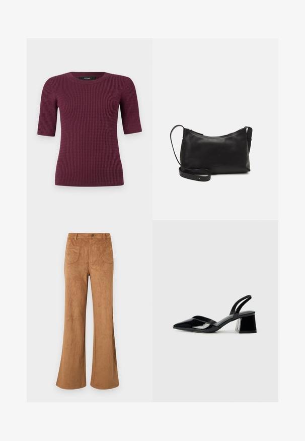 T-shirt de manga curta em bordeaux profundo, com textura canelada e decote redondo. Feito de tecido macio, projetado para conforto e ajuste.; Calças flared em camurça castanha com uma cintura alta, bolsos dianteiros e traseiros, e uma textura suave. Projetadas para um ajuste relaxado ao longo da perna.; Sandy em verniz preto com salto slingback, ponta afilada e salto geométrico. Apresenta um design elegante e minimalista com textura suave.; Bolsa de ombro em pele preta com textura suave, forma curva, alça ajustável e fecho com zip. Design minimalista sem adornos.