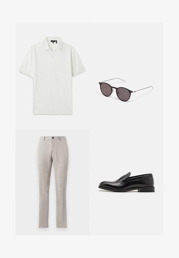Balts īsa piedurkne polo krekls ar teksturētu rakstu, V-veida apkakli un mīkstu audumu. Iezīmes smalkas, tīras līnijas un brīva piegriezuma.; Gai pelēki, piegriezti bikses ar gludu tekstūru, ar pogu aizdari un taisnām kājām. Nav redzamu kabatu vai rakstu.; Melnas ādas kurpes ar gludu tekstūru, noapaļu purngalu un dekoratīvu siksniņu pāri priekšpusei. Zems sakrauts papēdis, minimālisma dizains.; Melni apaļi saulesbrilles ar tumšiem lēca un plānām metāla stangām. Iekļautas caurspīdīgas tempļu galviņas un sudraba akcenti pie eņģes. Minimalistisks dizains.