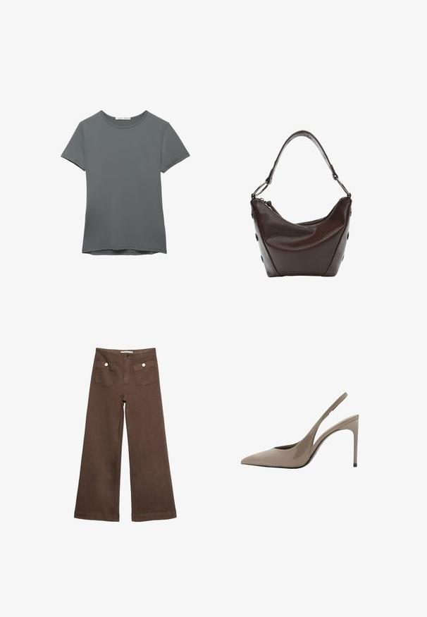 Šedé tričko s krátkým rukávem vyrobené z hladkého materiálu. Má kulatý výstřih, rovný lem a minimální detaily šití.; Hnědé široké kalhoty vyrobené z bavlny, s dvěma předními kapsami a stříbrnými knoflíky, s hladkou texturou.; Béžové lakované kožené lodičky s otevřenou patou, špičatou špičkou a elegantním designem, se štíhlým vysokým podpatkem a výřezem na straně.; Tmavě hnědá kožená kabelka s oblým tvarem, na zip a s krátkým uchopovacím držadlem. Obsahuje kovové detaily a dekorativní černé knoflíky po stranách.