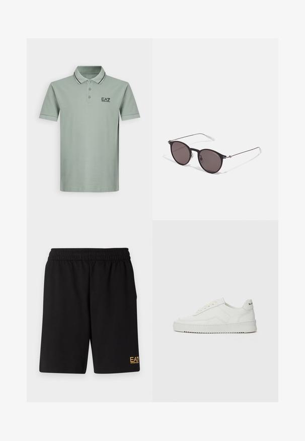 Světle zelené polo tričko s límečkem, tříknoflíkovým zapínáním, černými detaily a logem EA7 na levé části hrudi. Krátké rukávy, bavlněný materiál.; Černé sportovní šortky vyrobené z měkké látky, s elastickým pasem a malým žlutým logem EA7 na dolní části levé nohy.; Bílé kožené tenisky s hladkým povrchem, kulatou špičkou, plochými tkaničkami a texturovanou podrážkou. Na patě se nachází nenápadné logo.; Černé kulaté sluneční brýle s tmavými skly a tenkými kovovými nohami. Obsahují průhledné koncovky nožiček a stříbrné akcenty na pantu. Minimalistický design.