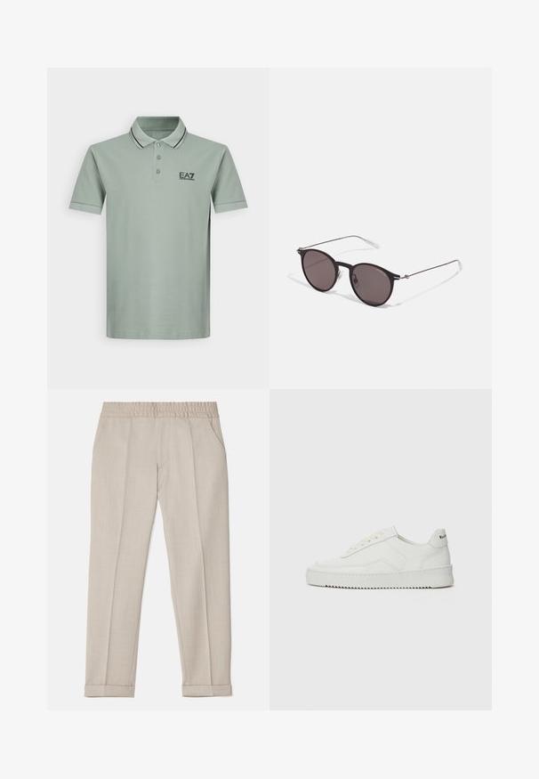 Gai zaļš polo krekls ar apkakli, trīs pogu aizdari, melniem akcentiem un EA7 logotipu kreisajā krūtī. Īsas piedurknes, kokvilnas materiāls.; Filippa K TERRY CROPPED TROUSERS - Auduma bikses - sage melange; Baltas ādas sneakers ar gludu virsmu, apaļu pirkstu daļu, plakaniem šņorēm un teksturētu zoli. Satur diskrētu logotipu uz papēža.; Melni apaļi saulesbrilles ar tumšiem lēca un plānām metāla stangām. Iekļautas caurspīdīgas tempļu galviņas un sudraba akcenti pie eņģes. Minimalistisks dizains.