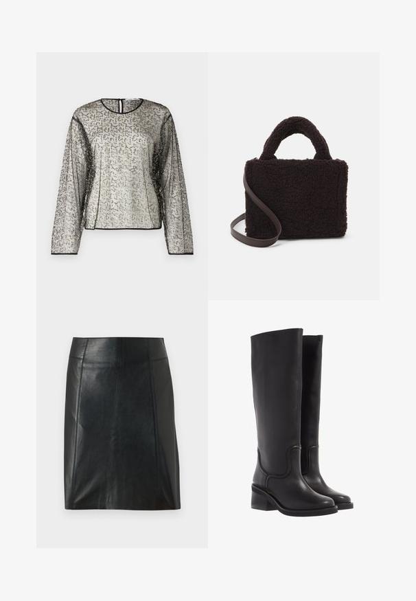 Transparente Bluse mit langen Ärmeln und einer strukturierten silbernen und schwarzen Verzierungen, rundem Halsausschnitt und rückseitigem Schlüsselloch-Öffnung. Schwarze Kanten säumen die Ärmel.; Schwarzer Lederrock mit taillierter Passform. Glatte Textur, Nähte, die die Form betonen, und ein gerader Saum. Minimalistische und elegante Optik.; Schwarze Lederstiefel bis zum Knie mit glatter Textur, abgerundeter Spitze und klobigem Absatz. Mit dezenten Nähten und einem schlanken Design.; Braune, texturierte Handtasche aus weichem Fleece-Material mit rechteckiger Form, doppelten oberen Griffen und einem abnehmbaren braunen Riemen.