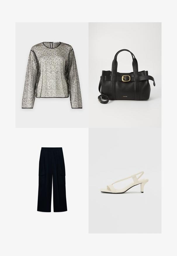 Transparente Bluse mit langen Ärmeln und einer strukturierten silbernen und schwarzen Verzierungen, rundem Halsausschnitt und rückseitigem Schlüsselloch-Öffnung. Schwarze Kanten säumen die Ärmel.; Weite, hochtaillierte Hose aus dunkelblauem Stoff. Mit Falten und zwei seitlichen Cargo-Taschen. Glatte Textur mit einem schlichten Design.; Beige Blockabsatzsandalen mit dünnen Riemen und quadrater Spitze. Glattes Material mit minimalem Design, entworfen für einfaches Tragen.; Schwarze Lederhandtasche mit strukturiertem Design, doppelten oberen Griffen, goldfarbenem Schnallenakzent und geprägtem Markenlogo auf der Vorderseite.