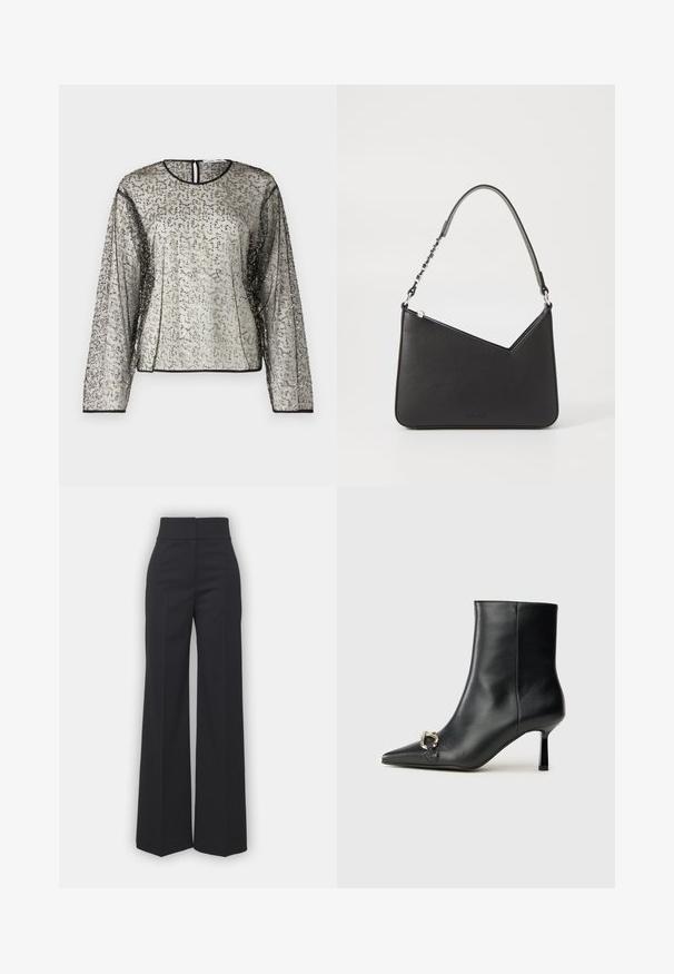 Prosojna dolg rokav s teksturirano srebrno in črno okrasitvijo, okrogla izrezana vratna odprtina in odprtina na hrbtu. Črna obroba ob robovih rokavov.; Široke hlače iz črnega blaga z visokim pasom, s čisto obdelavo in gladko teksturo. Brez vidnih dodatkov ali vzorcev.; Črne usnjene gležnjarje s koničastim nosom, ozkim srednjem petam in srebrno zaponko na strani na enobarvni podlagi.; Črna usnjena torbica s trikotno obliko, ozkim trakom in srebrnimi dodatki. Ima zadrgo in vtisnjen logotip spredaj.