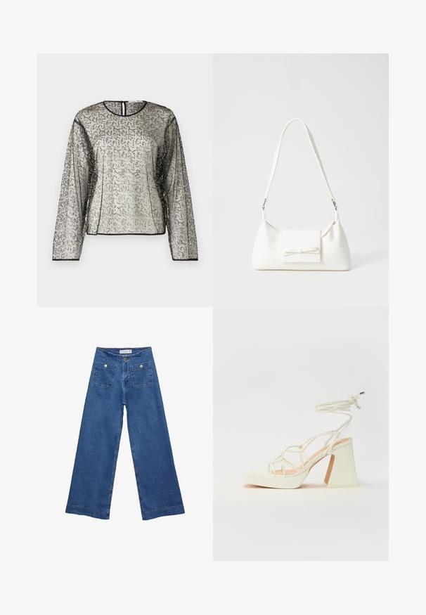 Genomskinlig topp med lång ärm som har en texturerad silver- och svart dekoration, rund halsringning och nyckelhålsöppning bak. Svart kant runt ärmarna.; Jeans med vida ben i denim med en mellanblå tvätt, två framfickor med knäppningar och sydda detaljer längs fållarna.; Vit högklackad sandal med en kraftig klack, med ett remdesign och ankelband. Slät textur med en plattform framtill för ökad höjd.; Vit syntetisk handväska med triangulär form, platt framklaff och rosettdetalj, justerbar rem, slät textur och minimalistisk design.