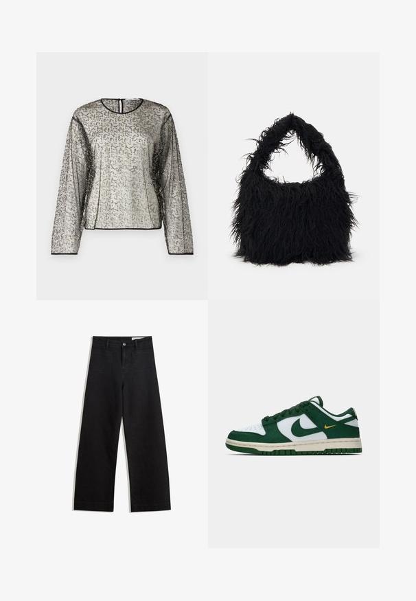 Priehľadný top s dlhými rukávmi, zdobený textúrovanou striebornou a čiernou aplikáciou, okrúhlym výstrihom a zadným otvorom v tvare kľúča. Čierny lem obopína rukávy.; Čierne denimové nohavice s širokými nohavicami a vysokým pásom, so prednými a zadnými vreckami, šitými švami a zapínaním na gombík. Hladká textúra.; Nízke tenisky Nike v bielej a tmavozelenej semišovej farbe s ladným zeleným swooshom a malým žltým akcentom swoosh po boku.; Even&Odd Veľká kabelka - black