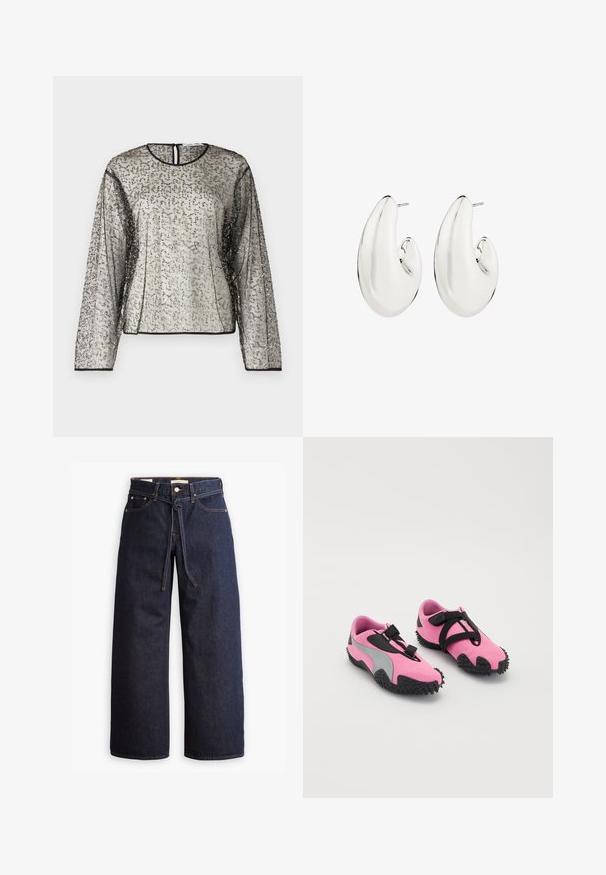 Doorzichtig, lange mouwen top met een gestructureerde zilveren en zwarte versiering, ronde halslijn en een opening met sleutelgat aan de achterkant. Zwarte biezen omlijsten de mouwen.; Wijd pijpjes donkerblauwe denim jeans met een hoge taille, voorzien van een trekkoord, vijf zakken en contrasterende stiksels.; Roze sport schoenen met een gestructureerde stof bovenkant, grijze accenten en een rubberen zool met spikes voor grip. Zwarte banden zorgen voor de juiste pasvorm.; Zilverkleurige oorbellen met een verlengd, rond ontwerp. Glad, reflecterend oppervlak met een geperforeerde stekker.