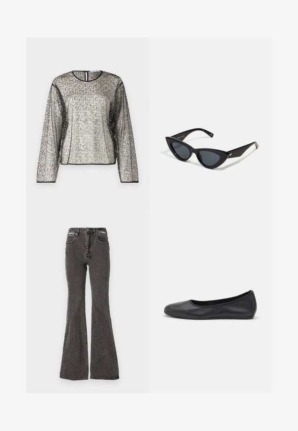 Áttetsző, hosszú ujjú felső textúrált ezüst és fekete díszítéssel, kerek nyakkivágással és hátul kulcslyuknyílással. Fekete szegés díszíti az ujjak széleit.; Fekete trapéznadrág, amely denimből készült, elhasználódott textúrával, elülső zsebekkel, övhurkokkal és fém kiegészítőkkel a derékon.; Fekete bőr balettcipő lekerekített orral, sima tekstúrával, minimális varrással és rugalmas talp kialakítással.; Cicáskémű napszemüveg fényes fekete műanyag kerettel, sötét lencsékkel és arany díszítéssel az oldalon. Szögletes dizájn, elegáns vonalakkal.
