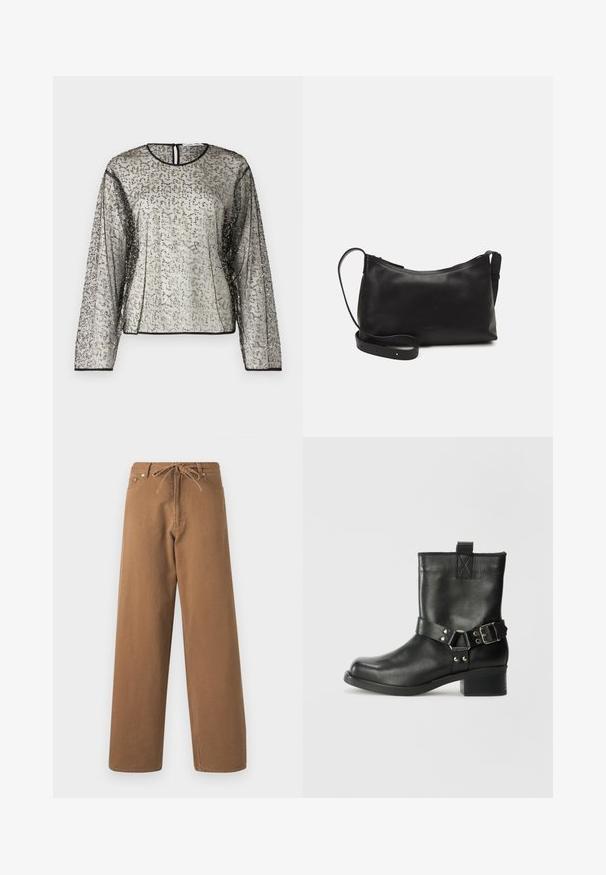 Blusa transparente de mangas longas com uma decoração texturizada em prata e preto, decote redondo e abertura em formato de chave nas costas. A borda das mangas é em preto.; Calças largas castanhas feitas de algodão, com uma cintura ajustável por cordão e dois bolsos frontais. Tecido texturizado com um acabamento suave.; Samsøe Samsøe SABRENTA - Bota de tornozelo estilo cowboy/motociclista - black; Bolsa de ombro em pele preta com textura suave, forma curva, alça ajustável e fecho com zip. Design minimalista sem adornos.