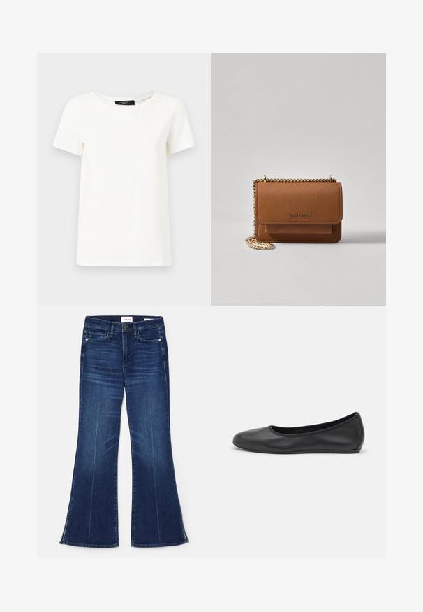 T-shirt en coton blanc avec un col rond et des manches courtes. Texture lisse, coupe décontractée et sans motifs ni accents visibles.; Jean évasé bleu foncé en denim. Il présente une taille haute, des poches avant et des fentes au bas. Design classique à cinq poches.; Ballerines en cuir noir avec un bout rond, texture lisse, détails de couture minimalistes et design de semelle flexible.; Sac en cuir texturé marron en bandoulière avec une sangle en chaîne dorée et une fermeture à rabat. L'avant présente un détail de logo et une poche sous le rabat.