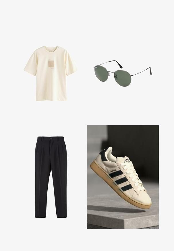 Kremna majica z mehkega bombaža, s minimalističnim grafičnim tiskom, navdihnjenim z delom Picassa, v rahlo teksturirani zasnovi.; Črne hlače z nabranim sprednjim delom, narejene iz gladkega materiala. Imajo gumbasto zapiranje in zanke za pas; ravne hlačnice.; Bež nubuk tenisice s tremi temno modrimi črtami, belimi vezalkami in svetlo rjavim gumijastim podplatom. Vključuje logo na jezikcu in besedilo "CAMPUS".; Sončna očala z ovalnimi zelenimi lečami v kovinskem okvirju. Tanjši srebrni kovinski okvir in črne ušesne konice. Minimalistična zasnova, brez vidnih logotipov.