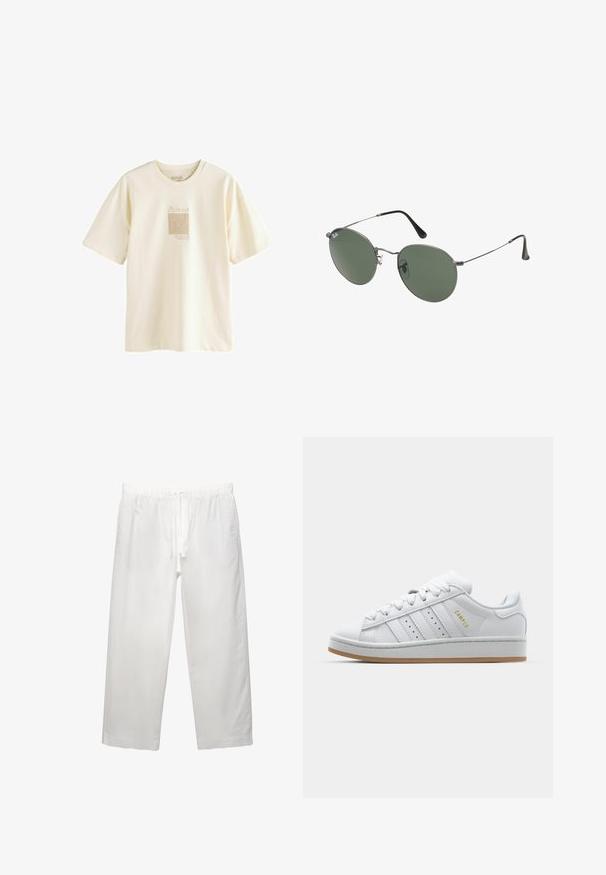 Kremna majica z mehkega bombaža, s minimalističnim grafičnim tiskom, navdihnjenim z delom Picassa, v rahlo teksturirani zasnovi.; Bela lanena hlača z elastičnim pasom in vrvico, širokega kroja in čistimi šivi. Gladka tekstura s sproščenim krojem.; Bela teniska z perforirano trojno črto, teksturiranimi detajli, gumijastim podplatom in zlatim logotipom "CAMPUS" na strani.; Sončna očala z ovalnimi zelenimi lečami v kovinskem okvirju. Tanjši srebrni kovinski okvir in črne ušesne konice. Minimalistična zasnova, brez vidnih logotipov.