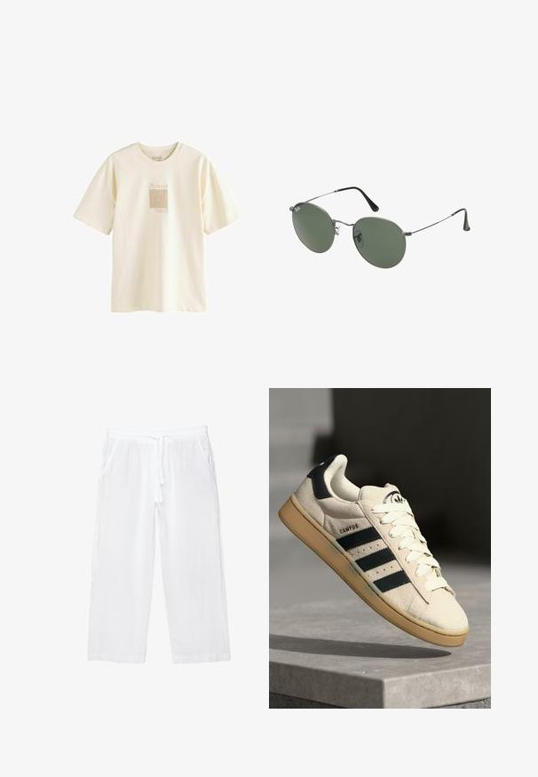 Cremefarbenes T-Shirt aus weicher Baumwolle, mit einem minimalistischen, von Picasso inspirierten Grafikdruck in einem leicht strukturierten Design.; Weiße Leinen-Culotte mit elastischem Bund, Kordelzug und zwei Seitentaschen. Sanfte Textur und leichtes Design für zusätzlichen Komfort.; Beige Wildledersneaker mit drei dunkelblauen Streifen, weißen Schnürsenkeln und einer tannfarbigen Gummisohle. Verfügt über ein Logo auf der Zunge und den Text "CAMPUS".; Metallgestellte Sonnenbrille mit ovalen grünen Gläsern. Dünner silberner Metallrahmen und schwarze Ohrstücke. Minimalistisches Design, keine sichtbaren Logos.