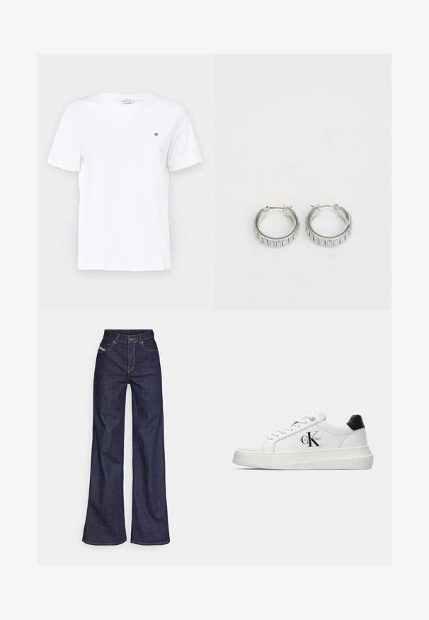 Tricou alb din bumbac cu mâneci scurte, guler rotund și un mic logo brodat pe piept. Textură netedă și croială clasică.; Blugi taille mare, de culoare albastru închis, din material denim, cu croială largă, cu cusături portocalii, design cu cinci buzunare și închidere cu nasture.; Adidași albi cu glezna joasă, cu tab-ul de călcâi negru, talpă platformă, șireturi și logo-ul "CK" de la Calvin Klein pe lateral.; Cercei din argint în formă de cerc cu un design texturat, ce prezintă striții verticale. Formă circulară cu un sistem de închidere sigur. Finisaj neted.