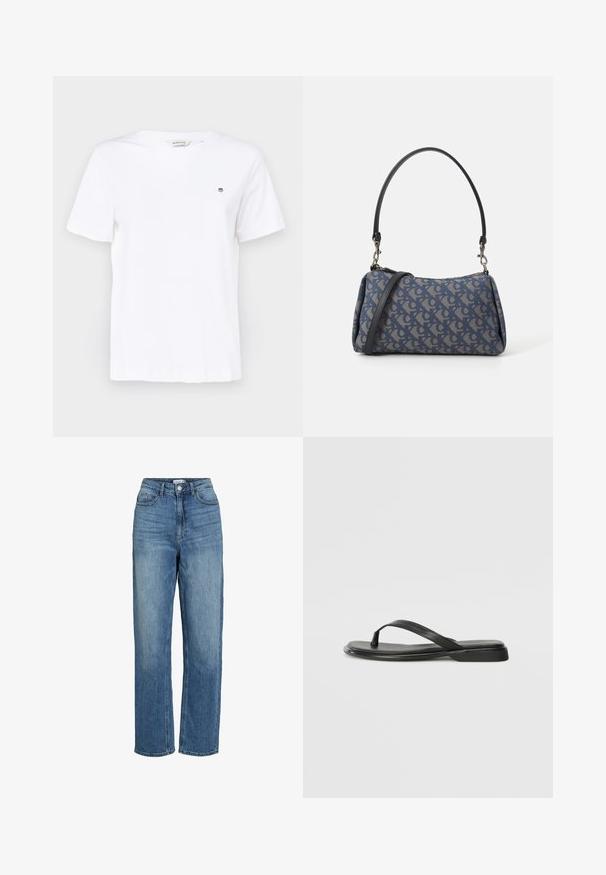 Biela bavlnená tričko s krátkymi rukávmi, okrúhlym výstrihom a malým vyšitým logom na hrudi. Hladká textúra a klasický strih.; Vysoké modré džínsy s rovnými nohavicami a svetlým umývaním, s piatimi vreckami, pútkami na opasok a gombíkovým zapínaním.; Čierne šľapky vyrobené z hladkej kože, s tenkým pásikom a plochou podrážkou s minimalistickým profilom. Bez výrazných vzorov alebo akcentov.; Modrá vzorovaná kabelka vyrobená z látky, so zakriveným tvarom, čiernym koženým popruhom a dizajnom loga v svetlejšej farbe.