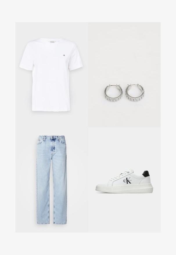 T-shirt en coton blanc à manches courtes, avec un col rond et un petit logo brodé sur la poitrine. Texture lisse et coupe classique.; Jeans large bleus clairs en denim, avec une taille haute, un lavage décoloré et un motif tie-dye subtil à l'avant.; Baskets basses blanches avec un tab de talon noir, semelle plateforme, lacets et logo "CK" de Calvin Klein sur le côté.; Boucles d'oreilles en argent en forme de créole avec un design texturé comportant des rayures verticales. Forme circulaire avec un fermoir à attache sécurisée. Fini lisse.