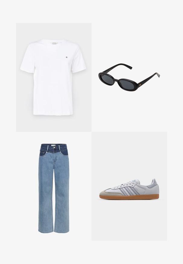 Camiseta de algodón blanca con mangas cortas, cuello redondo y un pequeño logotipo bordado en el pecho. Textura suave y corte clásico.; Jeans de mezclilla anchos de color azul claro con cintura alta, diseño de cinco bolsillos y un parche de color azul oscuro en la parte frontal.; Zapatillas de cuero blanco con acentos en azul claro, puntera de ante gris y suela de goma marrón. Presentan tres rayas azules y la marca "Samba".; Gafas de sol grandes de color negro con lentes ovalados, montura de plástico suave y detalles dorados en las patillas. Los lentes oscuros ofrecen protección solar.