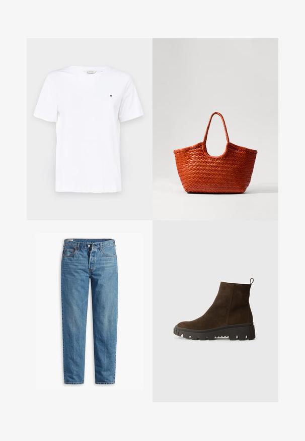 White cotton t-shirt with short sleeves, a round neckline, and a small embroidered logo on the chest. Smooth texture and classic fit.; Blue denim jeans with a straight-leg fit, featuring a zip fly, two front pockets, and subtle fading throughout the fabric.; Brown suede ankle boot with a chunky black rubber sole, featuring a slight heel and a pull tab at the back for easy wear.; DRAGON DIFFUSION NANTUCKET BASKET BIG - Handbag - naranja