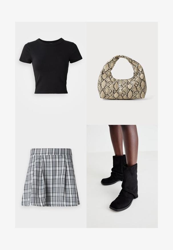 Svart avkortet t-skjorte laget av solid bomull, med korte ermer og rund halslinning, med et glatt og enkelt design.; Rutete mini skjørt i grått og hvitt, med folder og et liv. Laget av lett stoff, med vertikale og horisontale striper.; Sorte semskede ankelstøvler med et slasket design, som har en flad sål og en firkantet tå, vist på mørke ben mot en lys bakgrunn.; Veske med slangeskinnmønster og krummet håndtak. Laget av teksturerte, beige og brune materialer, med et særegent diamantmønster.