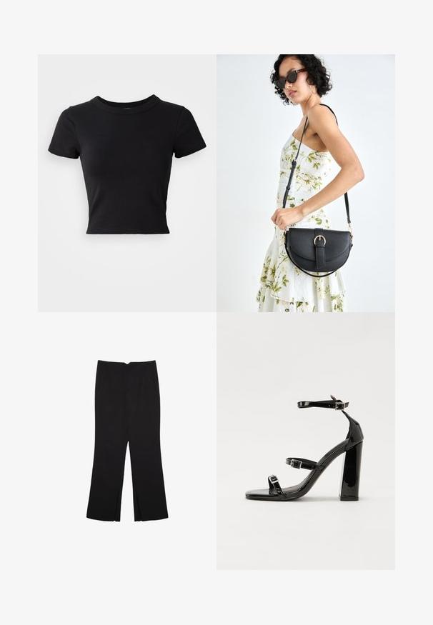 Črna skrajšana majica z določenim bombažem, ki ima kratke rokave in okroglo izrez, ter gladko in preprosto zasnovo.; Črne hlače ravnega kroja z naglavnimi žepi in stranskimi razporki na robu. Narejene iz mehke, gladke tkanine. Primerne za različne priložnosti.; Črne lakaste sandale z visokimi petami, z dvema trakovoma z zaponkama, kvadratnim sprednjim delom in masivno širšo peto, z gladko, sijočo teksturo.; Črna usnjena torbica s ukrivljeno obliko, z odstranljivo naramnico in zlatimi dodatki. Torbica ima pokrov s podrobnostmi v obliki zaponke.