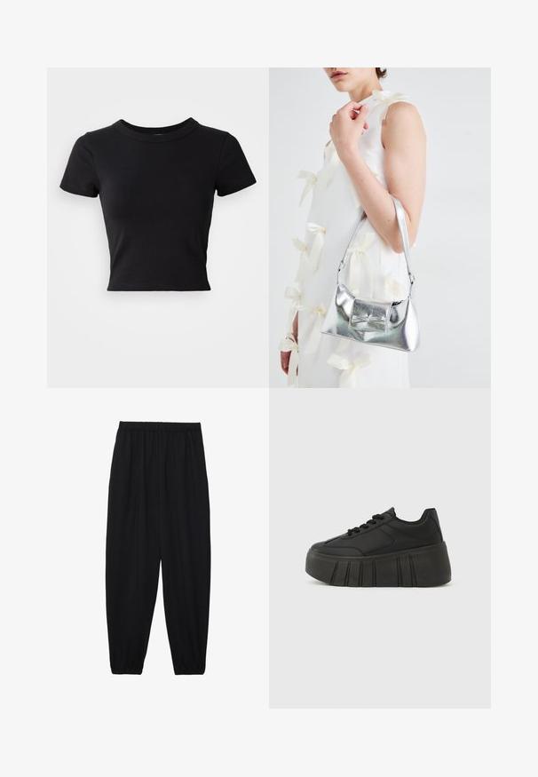 Fekete, rövid ujjú, kerek nyakú, tömör pamutból készült cropped póló, sima és letisztult dizájnnal.; Fekete, könnyű nadrág elasztikus derékkal és ráncolt bokákkal. Az anyag sima és laza, szűkített dizájnnal rendelkezik.; Fekete platform sneaker sima szintetikus felsőrésszel, lekerekített orral, fűzős kialakítással és vastag, bordázott talppal a magasabb megjelenésért.; Ezüst fémes kézitáska, struktúrált formával, felső fogantyúval és masnis részlettel az elején. Simaságával és fényes felületével tűnik ki.