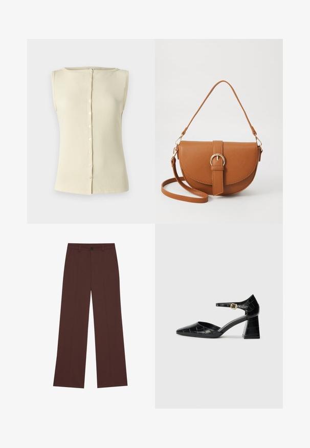 Hele beež ilma varrukateta topp, mis on valmistatud ribakanga kasutamisest, ümmarguse kaeluse ja nööpide esituse detailiga. Sujuv tekstuur ja lähedalt kehale liibuv disain.; Laiad pükstehised rikkalikus pruunis kangas. Omavad nööbikinnitust, kahte eesmist taskut, sujuvat tekstuuri ja puhtaid jooni.; Must musta mustad kõrge kontsaga king, millel on terav nina, pahkluu rihm ja tekstureeritud krokodillimuster. Ruudukujuline ploki konts.; Pruun nahast õlakott, millel on kumer kuju, kullavärvi riistvara ja pandlaga kaunistus. Omab eemaldatavat õlarihma.