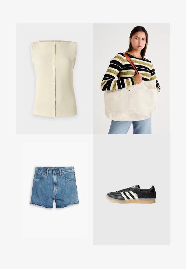 svetlo béžová bezrukávová blúzka z rebrového materiálu s okrúhlym výstrihom a detailom gombíkov na prednej strane. Hladká textúra a priliehavý strih.; Džínové šortky v svetlo modrej farbe, s piatimi vreckami, zipsom a zapínaním na gombík. Spodný lem je rozstrapkaný s voľným strihom.; Čierne športové tenisky s bielymi pruhmi, textilný povrch, hladký kožený špička a gumená podrážka. Obsahuje logo na jazyku.; Veľká béžová plátená taška s hnedými koženými popruhmi, ktorá sa vyznačuje minimalistickým dizajnom a viditeľnými opatreniami šitia.