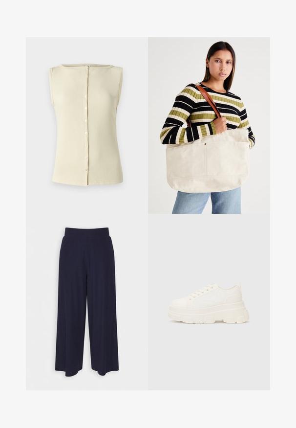 Light beige sleeveless top made of ribbed fabric, featuring a round neckline and a button front detail. Smooth texture and fitted design.; Wide-leg trousers in dark navy fabric with a ribbed texture. Features a smooth waistband and a flowy silhouette, reaching mid-calf length.; White canvas sneaker with a chunky sole, rounded toe, and five eyelets for laces. Back tab for easy wear. Smooth texture, minimalist design.; Large beige canvas tote bag with brown leather straps, featuring a minimal design and visible stitching accents.