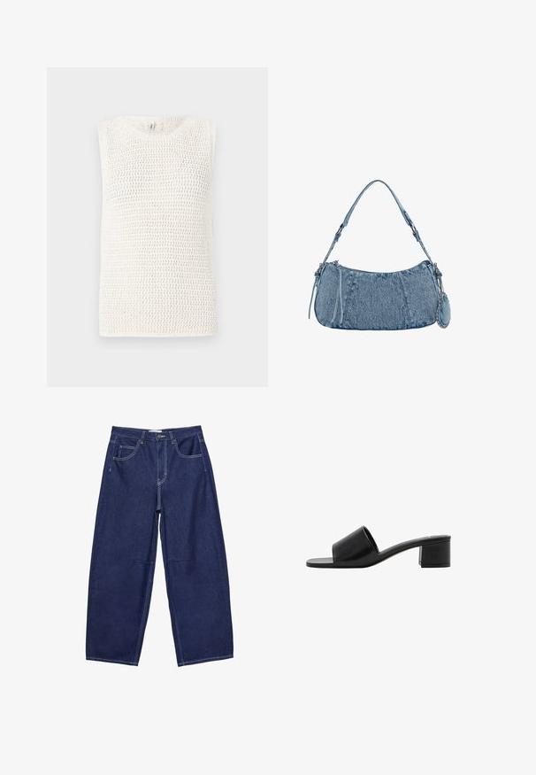 Srebrni pleteni top bez rukava u off-white boji, s otvorenom pletenom strukturom i okruglim izrezom. Tkanina ima teksturirani izgled.; Tamno plava traperica širokog kroja s visokim strukom, pet džepova i kontrastnim bijelim šavovima. Glatka tekstura, klasičan dizajn.; Crne kožne sandale otvorenih prstiju s širokom trakom i čvrstim blok-potpeticom. Imaju glatku teksturu i minimalistički dizajn.; Denimska torba s zakrivljenim oblikom, svijetloplave boje, podesivim remenom za rame i malim odvojivim džepom s metalnim akcentima.