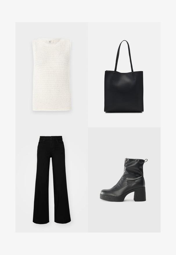 Bešvynis megztas topas off-white spalvos, su atviru audiniu ir apvalia iškirpte. Medžiaga turi tekstūruotą išvaizdą.; Juodos plačios kelnės iš denimo, turinčios struktūruotą juosmenį, diržo kilpas ir priekines kišenes. Lygus paviršius su klasikinio dizaino elementais.; Juodos kulkšninių botai, pagaminti iš lygaus odos, su šoniniu užtrauktuku, masyviu tekstūruotu kulnu ir apvaliu pirštu.; Juodas odinis tote krepšys su lygia tekstūra, stačiakampio formos ir dviem ilgais rankenomis. Matomų metalinių detalių ar puošybos nėra.