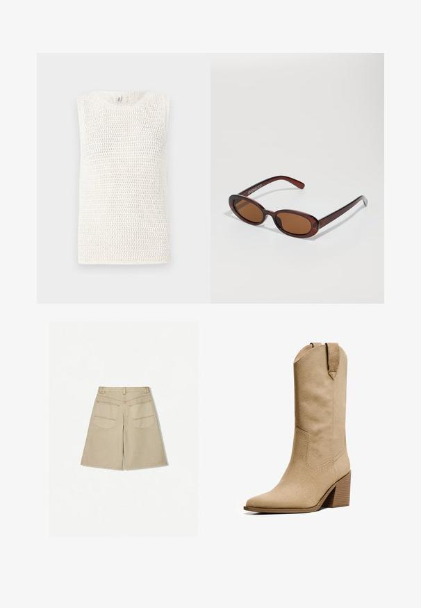 Top senza maniche lavorato a maglia di colore avorio, con un motivo a trama aperta e scollo rotondo. Il tessuto ha un aspetto testurizzato.; Pantaloni shorts beige con una vestibilità ampia, realizzati in denim. Presentano due tasche posteriori e cuciture arancioni a contrasto. L'orlo si trova sotto il ginocchio.; Bershka HIGH-HEEL - Stivali texani / biker - beige; Occhiali da sole rotondi con tonalità marrone, montatura lucida color bordeaux. Aste sottili con un sottile dettaglio del marchio. Design delle lenti piatte.